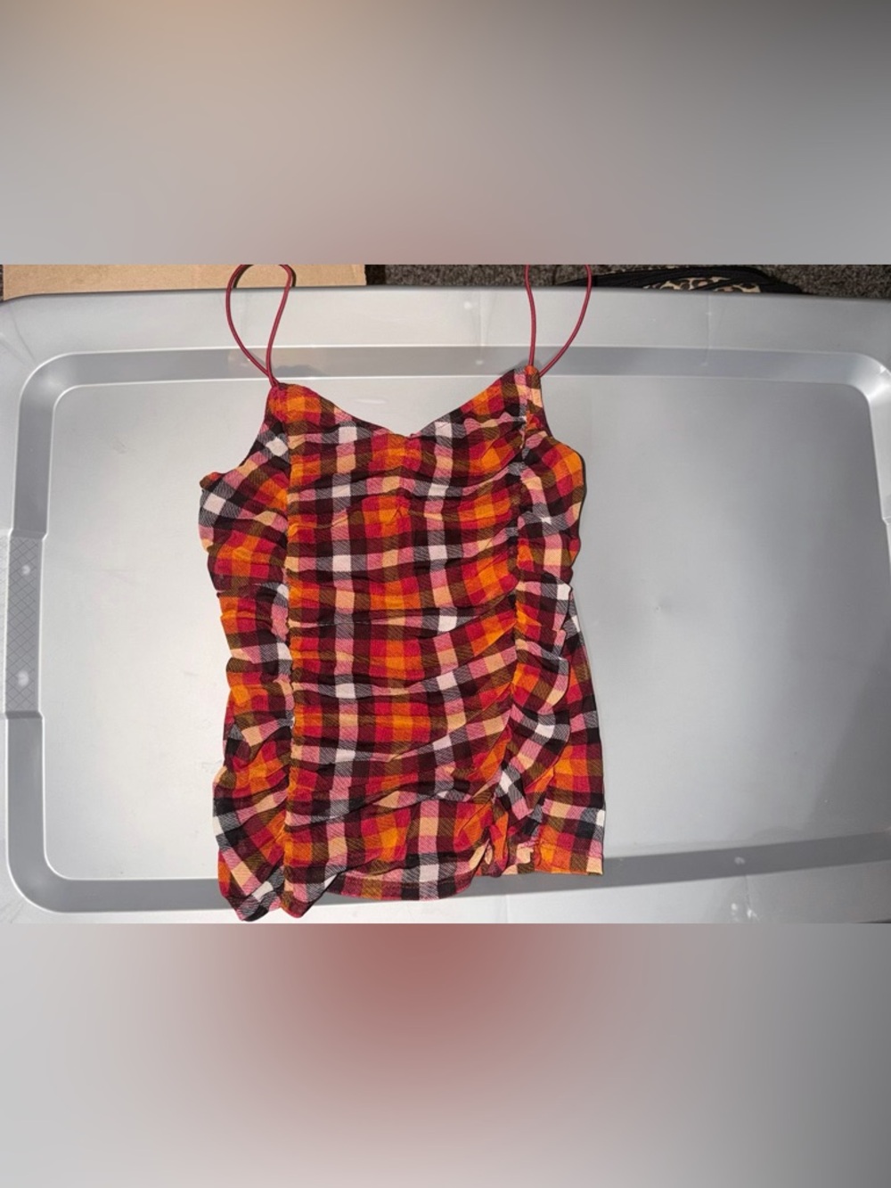 Plaid Ruched Cami Tank Top — Red and Orange Check